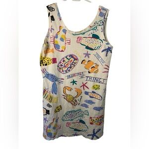 Vtg 90’ KEN DONE AUSTRALIA Art Tank Dress Drawing Beach